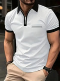 Men's casual short sleeve shirt with chest pocket and zipper decorations in chemical fibre blend fabric