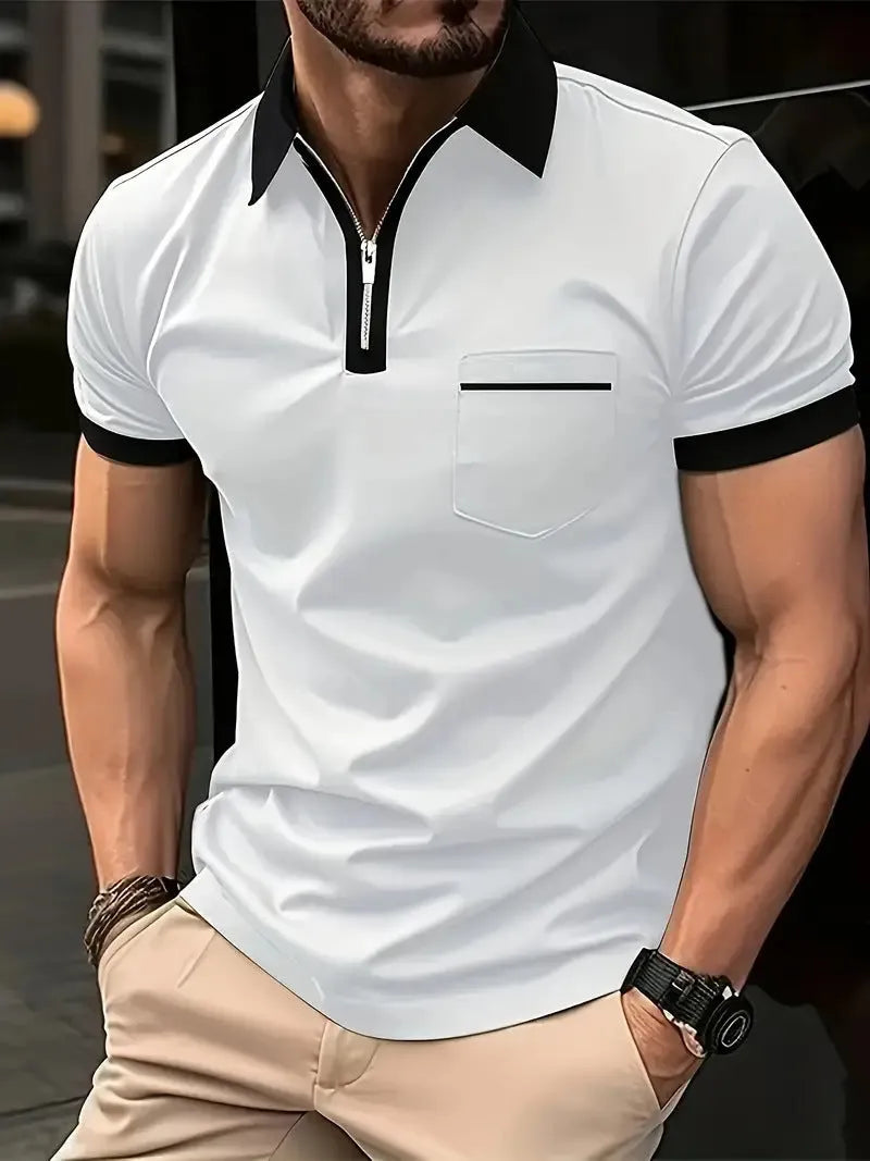 Men's casual short sleeve shirt with chest pocket and zipper decorations in chemical fibre blend fabric