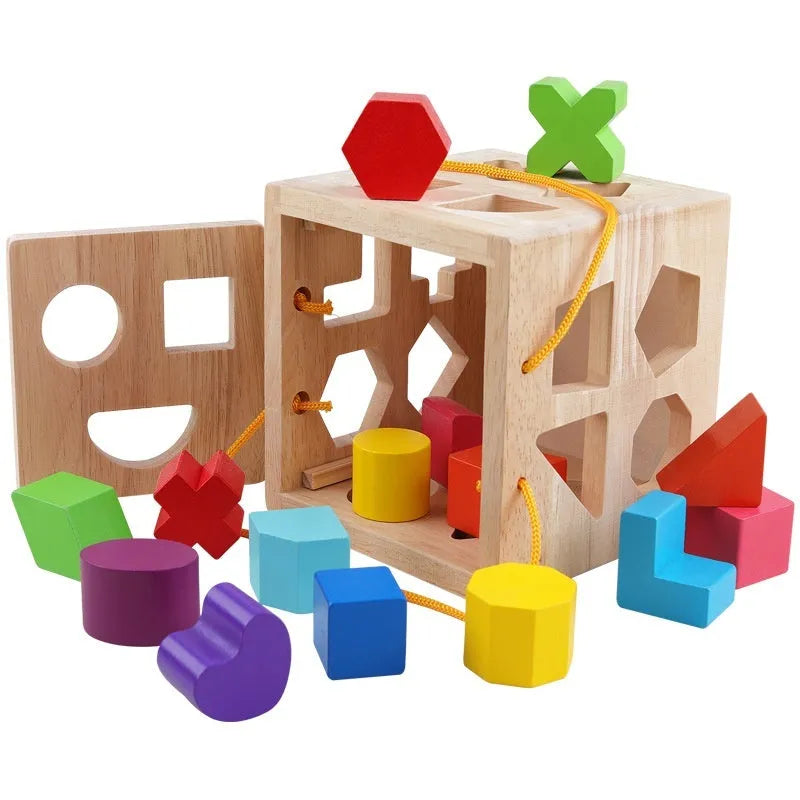 Wooden geometric shape matching building blocks with 19-hole intelligence box for infant education