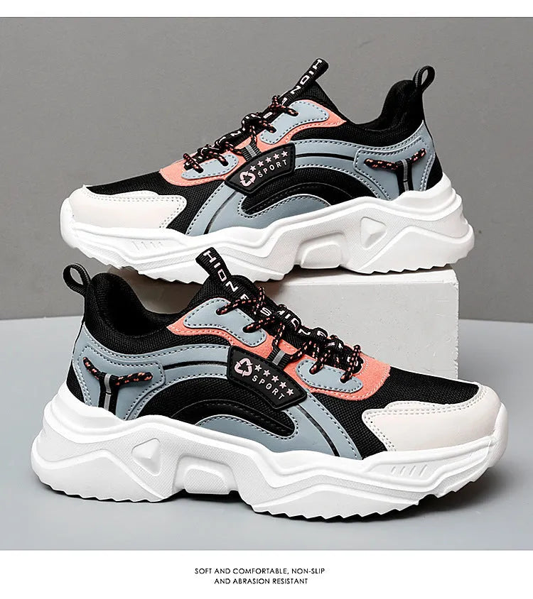 Women's white mesh casual sports shoes with thick PU sole and round toe