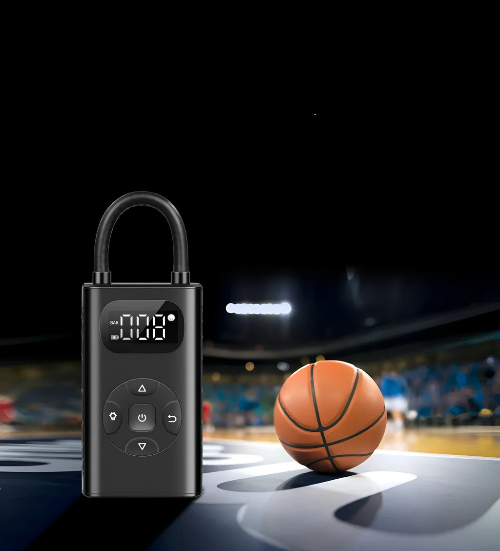 Black aviation aluminium portable tyre inflator with digital display and USB charging port