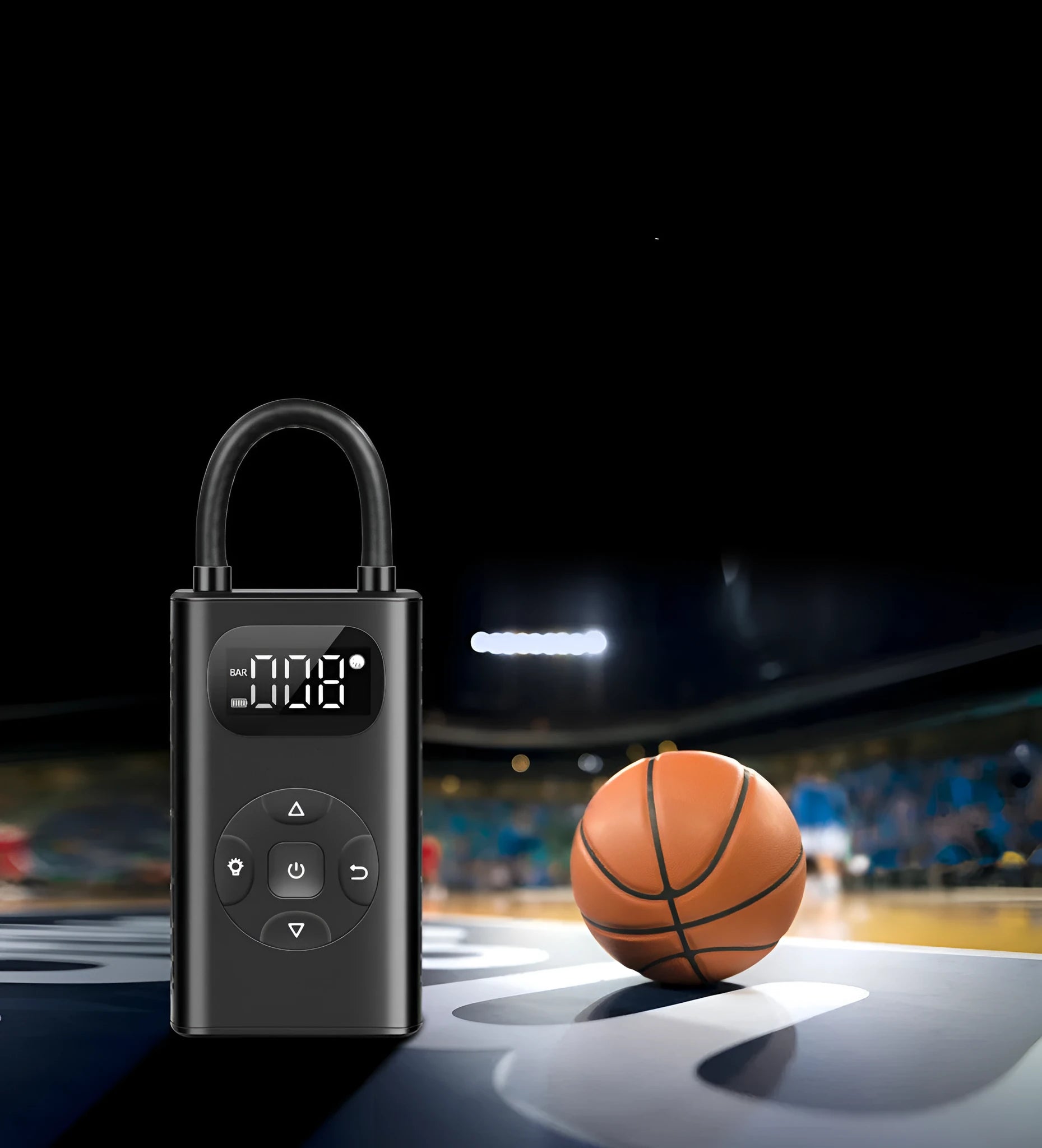 Black aviation aluminium portable tyre inflator with digital display and USB charging port