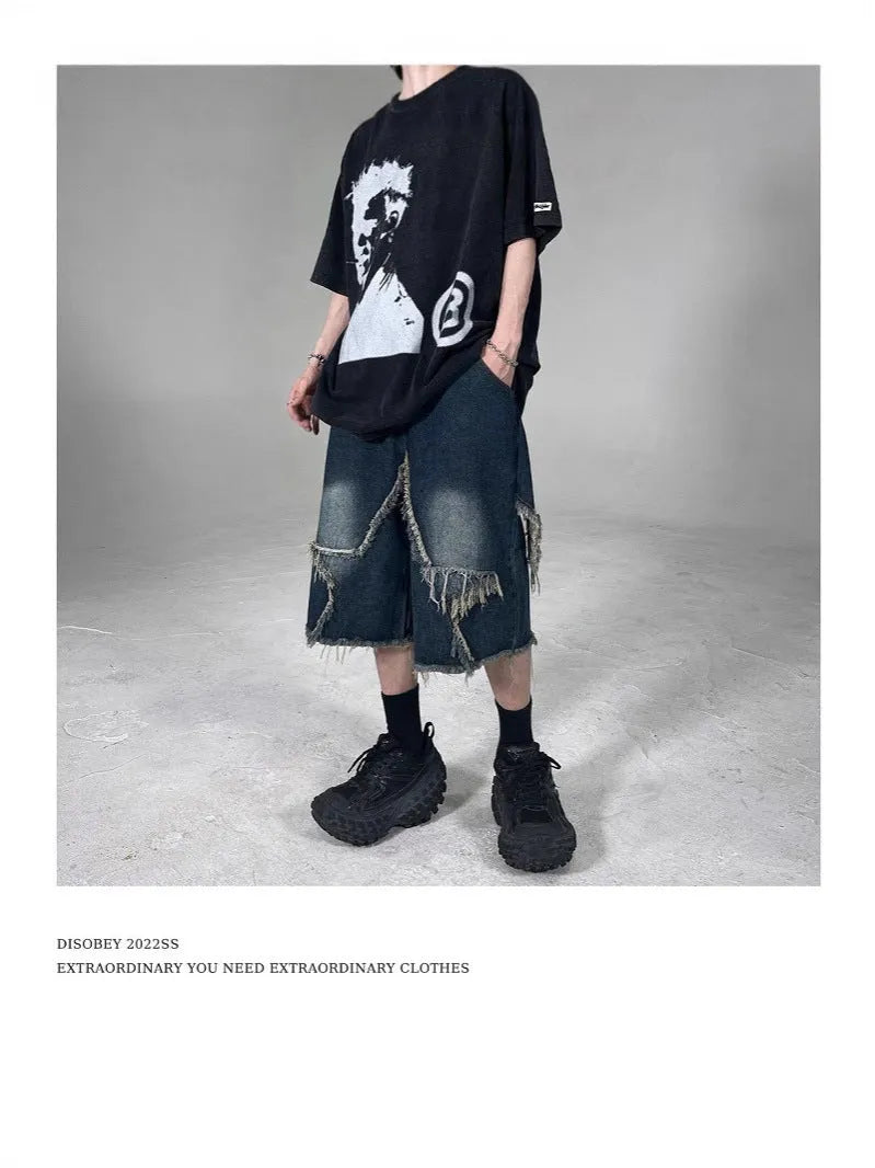Blue denim shorts with frayed five-pointed star embroidery, loose fit summer shorts