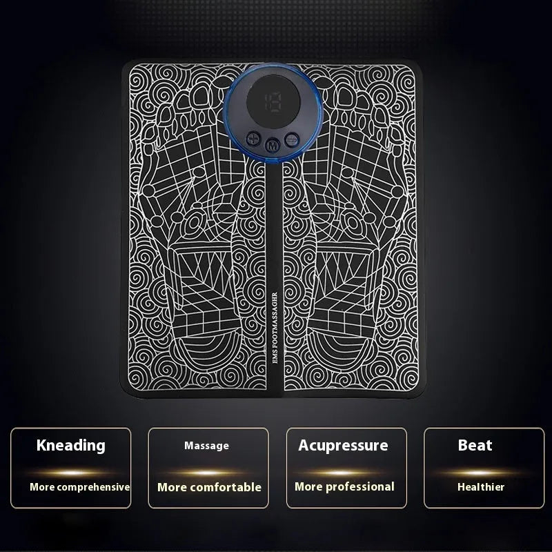 Leather foot massage cushions with a wireless remote control on a wooden floor