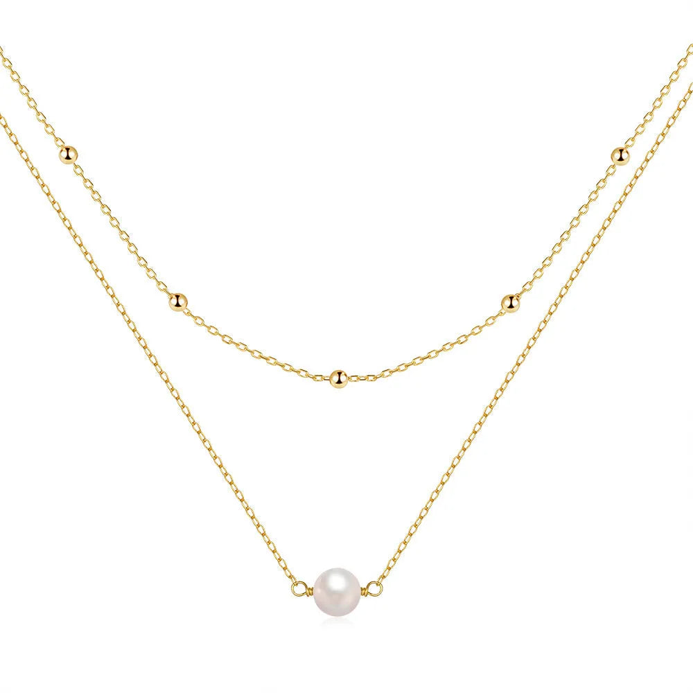 S925 sterling silver double layer pearl necklace with geometric pendant in gold colour