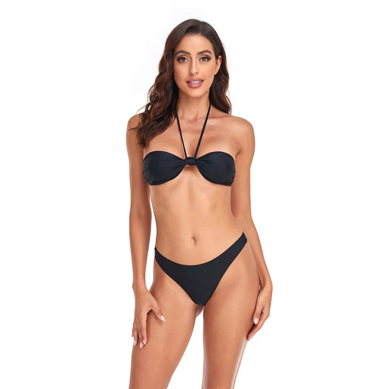 Black women's bikini set with lace-up tube top and briefs on a mannequin