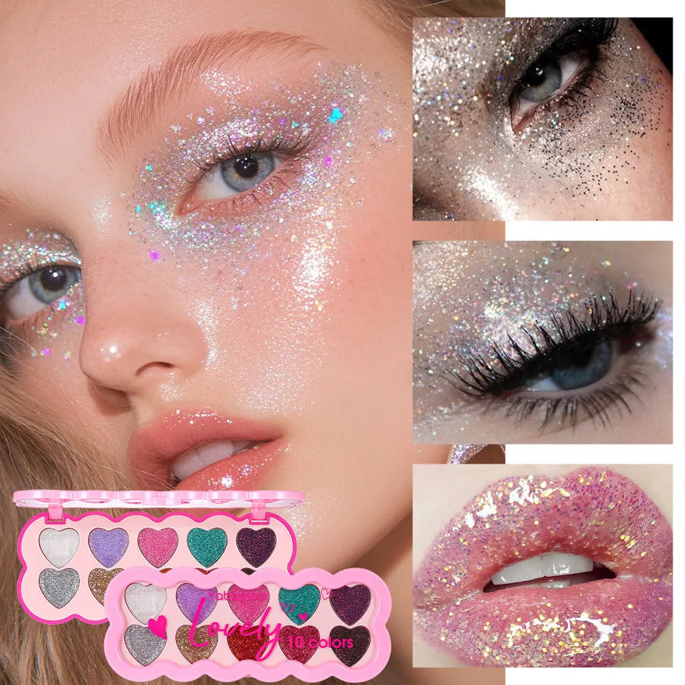 Pearlescent heart-shaped makeup palette open to show ten different coloured eyeshadows.