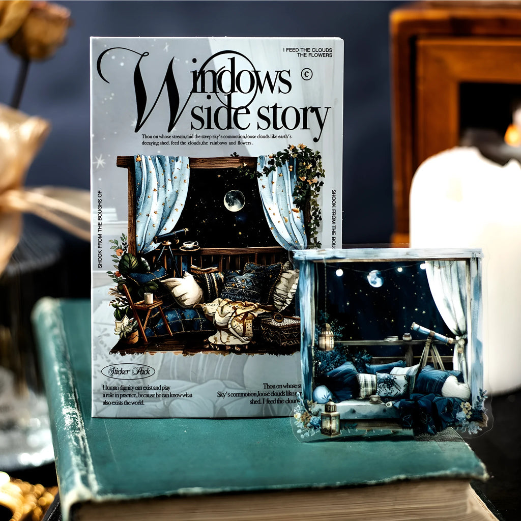 Set of retro-style decorative journal stickers featuring six different printed window scene designs.