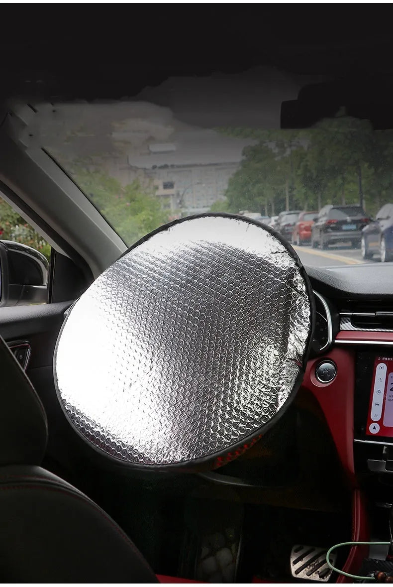 Car steering wheel sunshade cover in aluminium foil with universal fit and simple style
