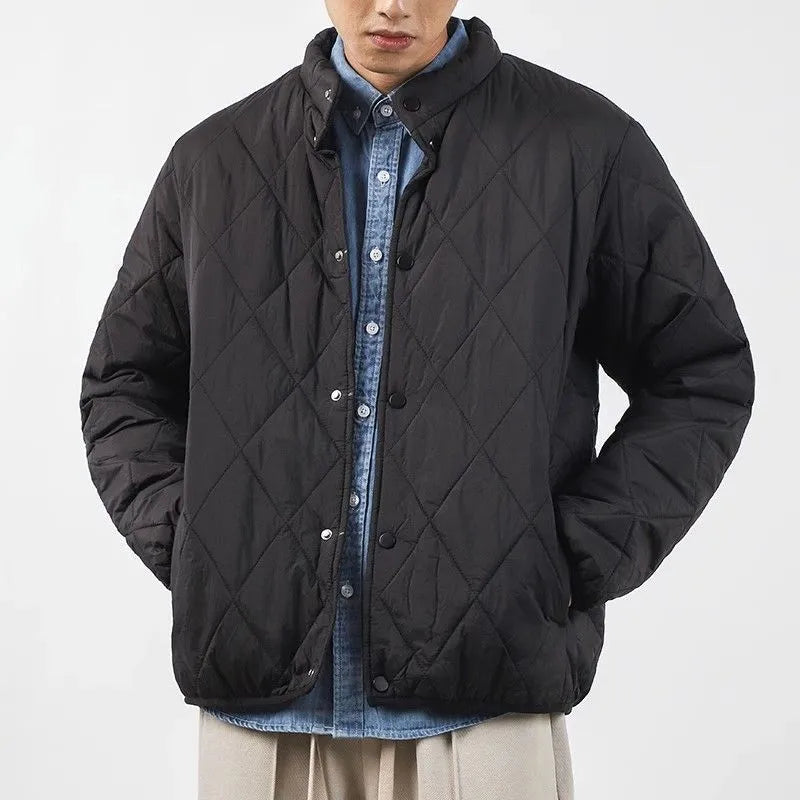 Men's black winter jacket with diamond lattice pattern, 100cm extended length, loose fit design