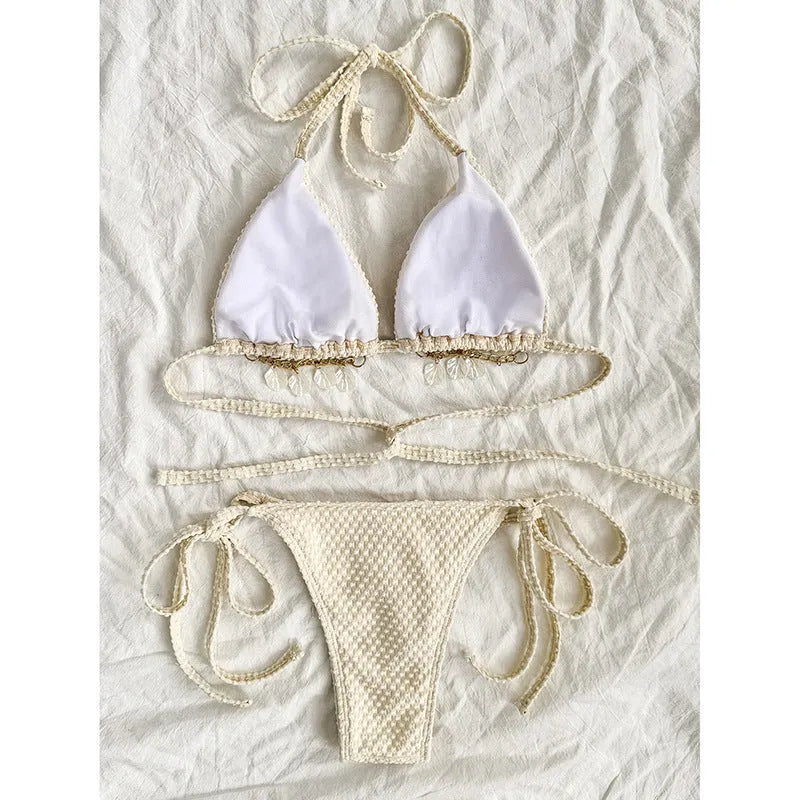 Halter lace-up bikini for women in polyester fibre with briefs style bottom, available in multiple colours and sizes