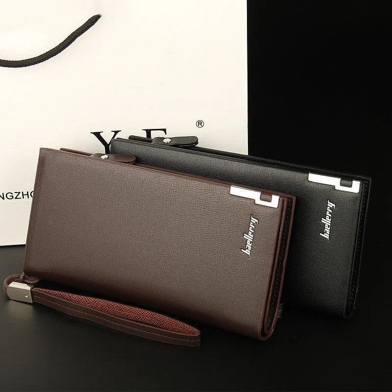 Men's long black PU leather zipper wallet showing closed zipper and wear-resistant texture