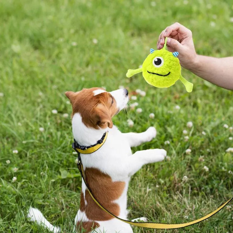 Green interactive dog teething toy ball with sound, 12cm diameter, plush and TPR construction
