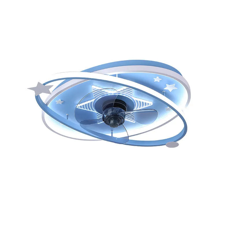 Blue children's bedroom ceiling fan light with acrylic shade and remote control.