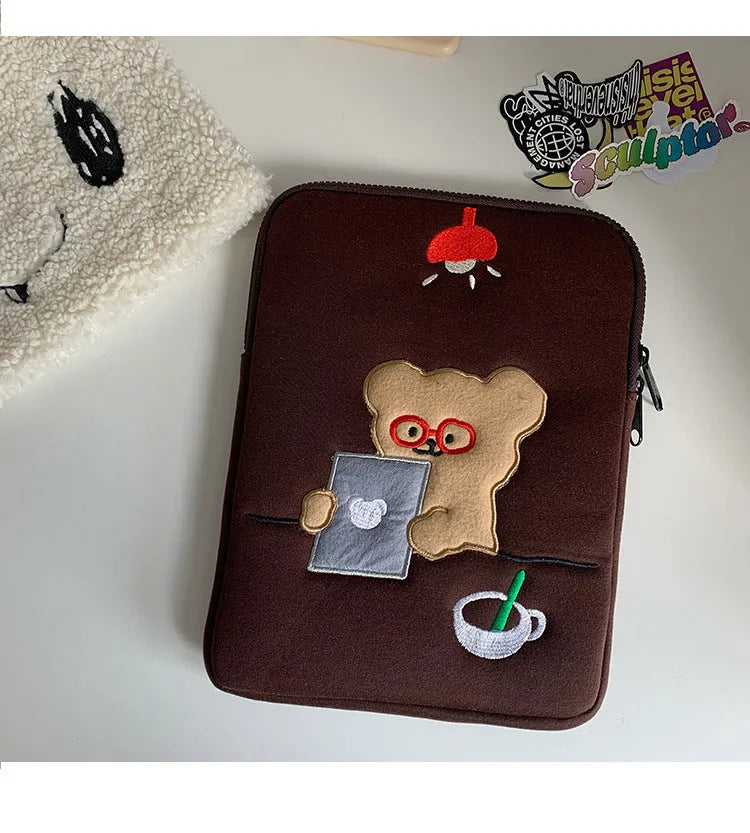 Coffee colour cotton laptop bag liner with bear design, zipper closure, available in 11 13 15 inch sizes