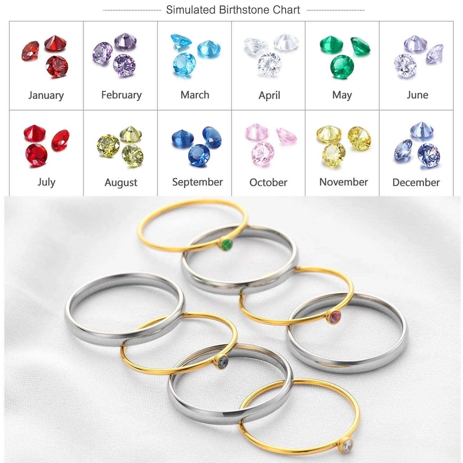 Gold-plated titanium steel ring with geometric engraved design and December birthstone colour accent