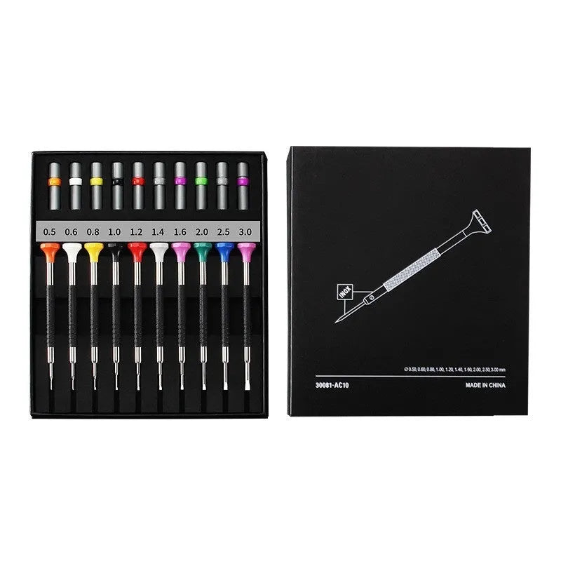 Watch repair tool set with precision manual screwdrivers, including bolt driver and five head styles for clock and telecom repair