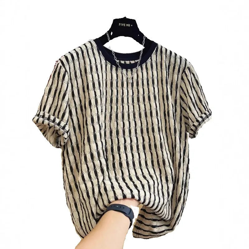 Black striped men's casual loose-fit short sleeve shirt made from a linen and silk blend fabric.