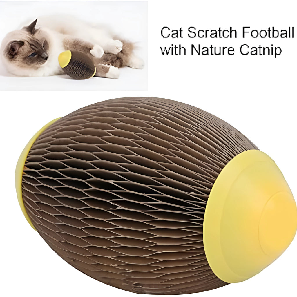 Ellipse-shaped corrugated paper catnip football toy for scratching and play.