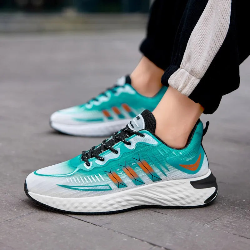 Fly-woven mesh thick-soled sports sneakers in blue and green – breathable lace-up men's walking running shoes