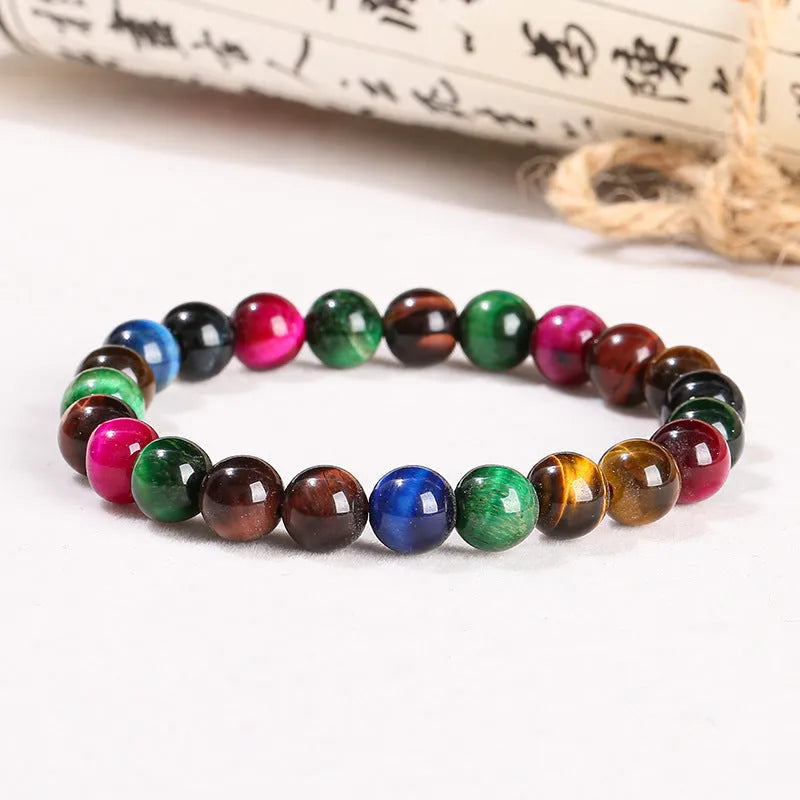 Natural colourful Tigereye round bead bracelet on lace cord, size 10mm beads, unisex style