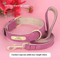 Double-layer leather dog collar and matching lead in rose red, brown, or blue colour on a size tag.