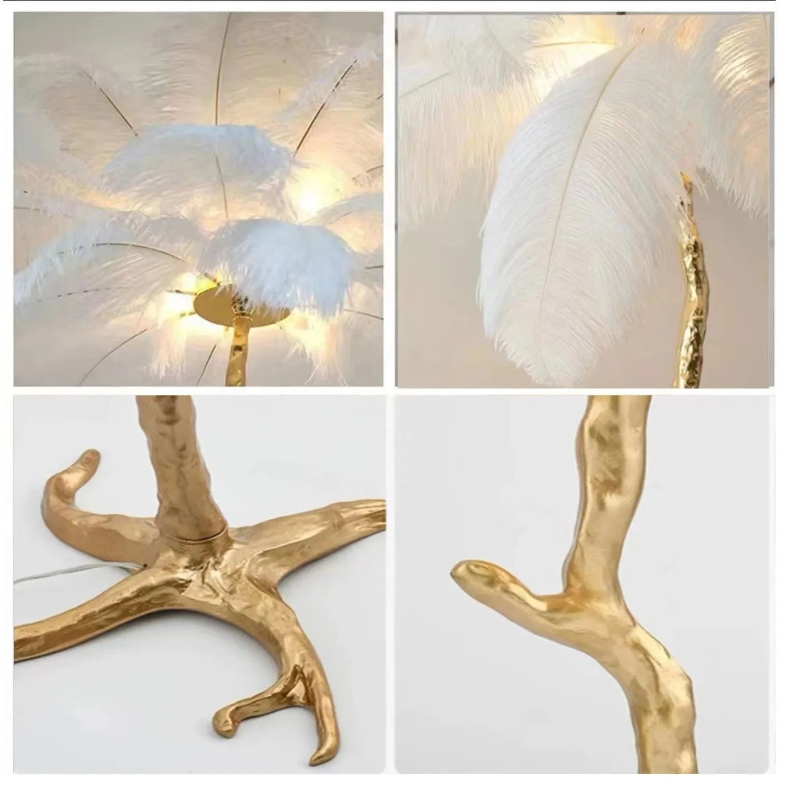 Tall white resin feather floor lamp standing in a modern living room.