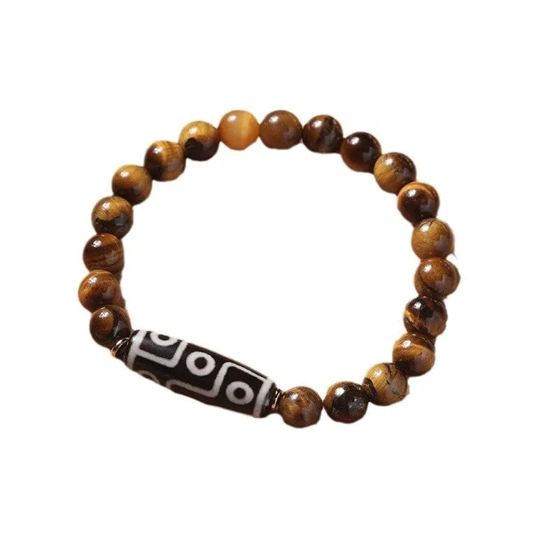 Tigereye Buddha bracelet with single circle design and natural Dzi bead in ethnic style