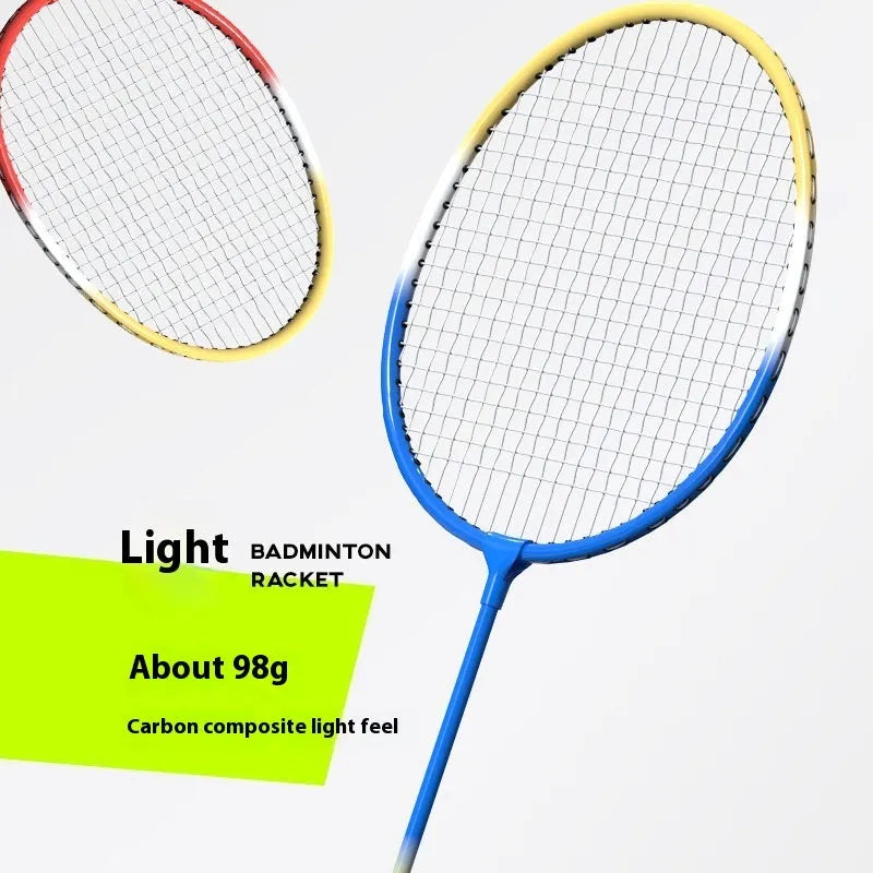 Pair of blue and red ultra-light alloy badminton rackets on a court