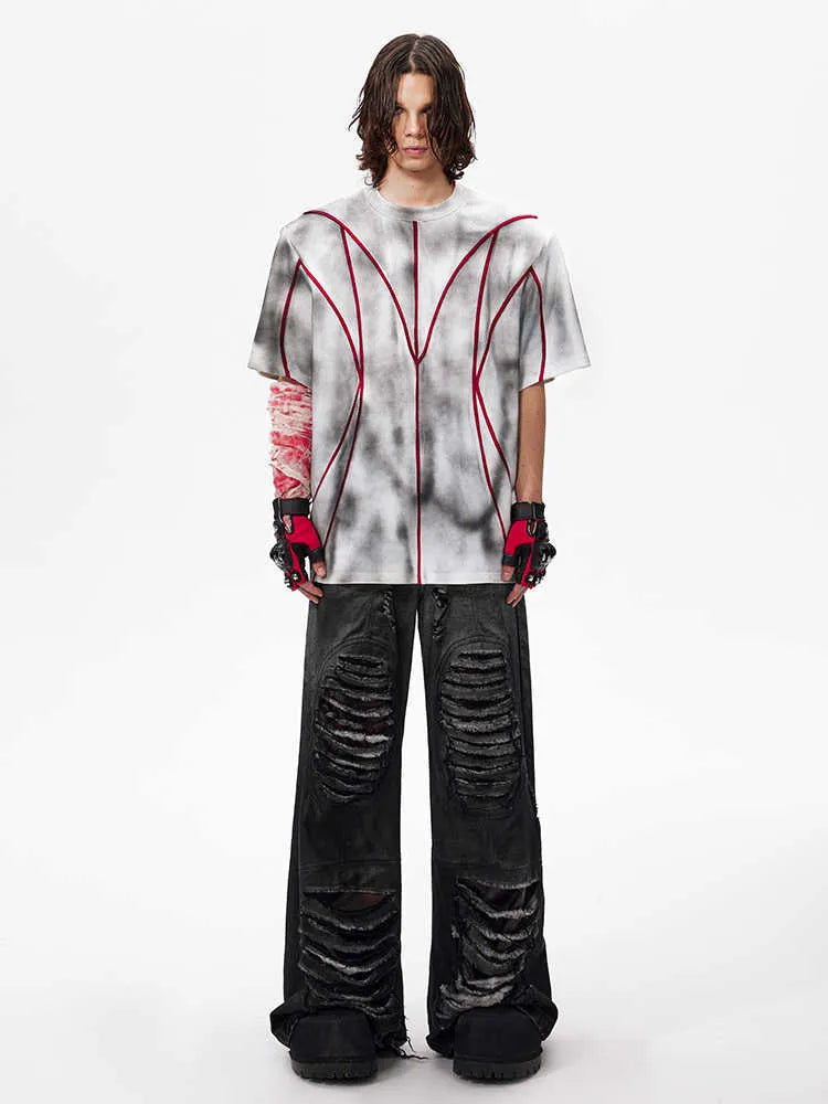Padded shoulder T-shirt with textured line patchwork design on front