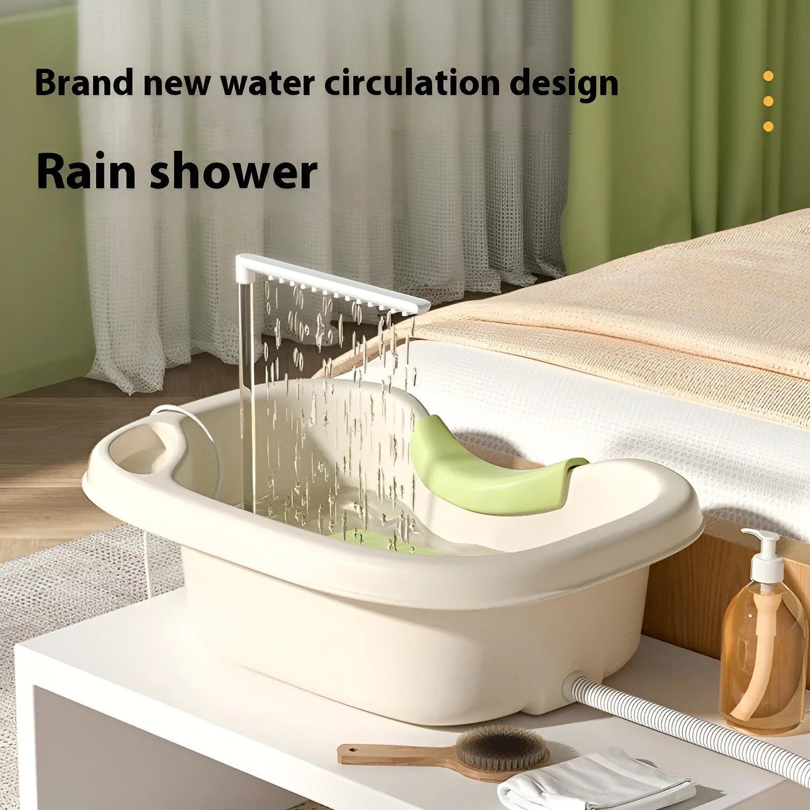 Shampoo basin for bed use with head pillow and water pump in light pink and beige colours