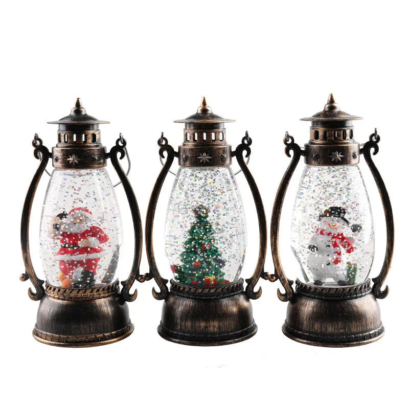 Crystal ball portable oil lamp Christmas ornament with plastic construction and paper-detailed seasonal figure
