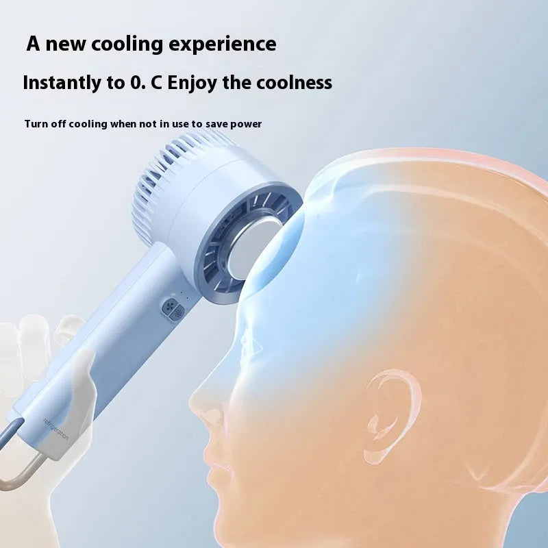 White handheld turbo jet fan with 18°C ice cooling and 6m/s airflow