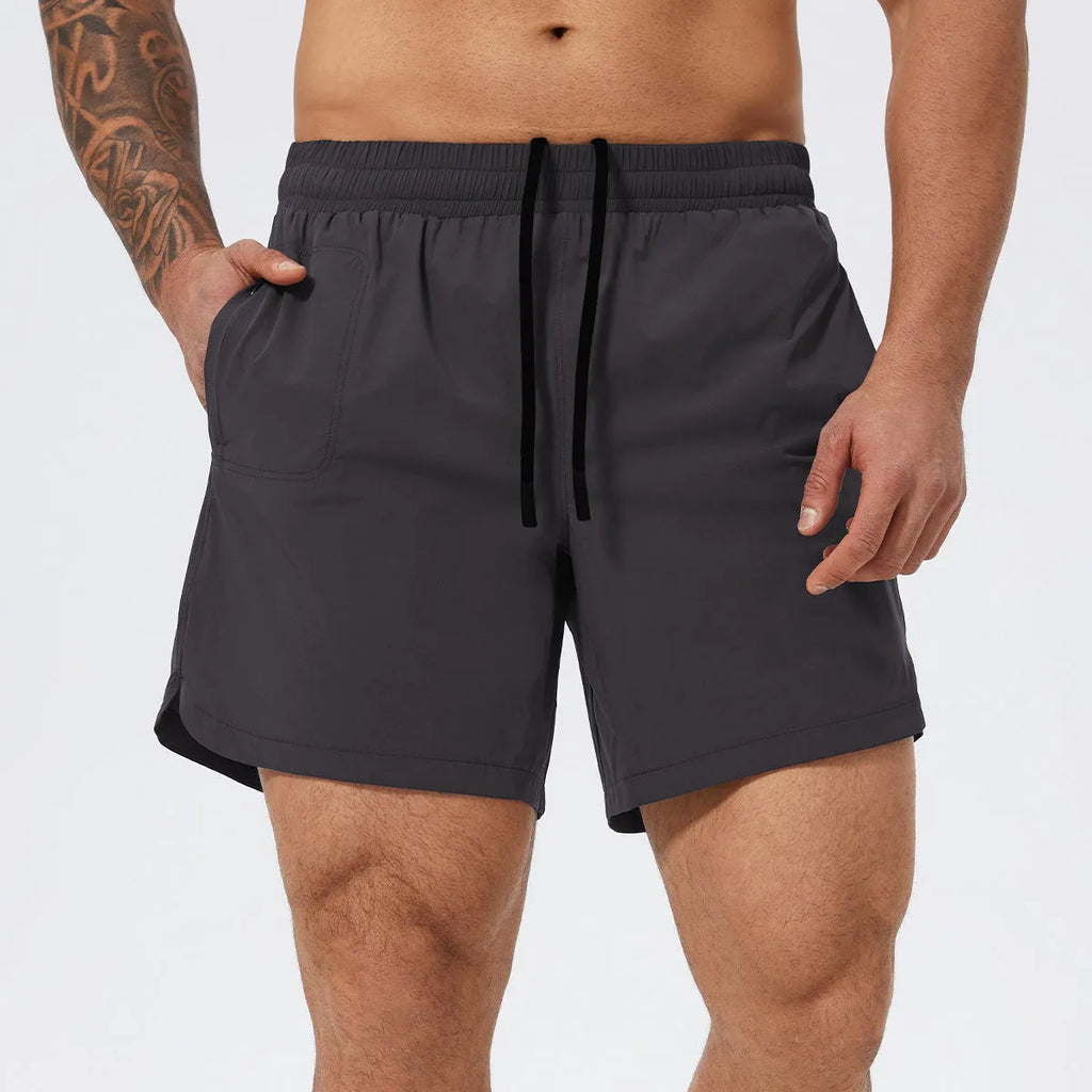 Men's moisture-wicking nylon running basketball tennis shorts in black, mid waist design