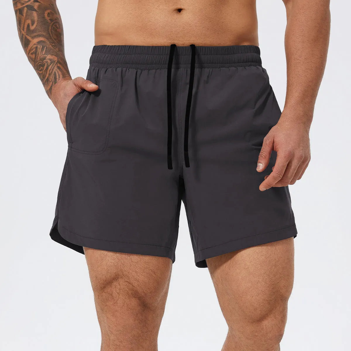 Men's moisture-wicking nylon running basketball tennis shorts in black, mid waist design