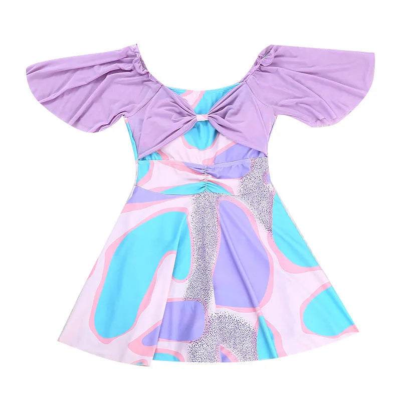Women's one-piece high-waist floral swimsuit with bowknot detail, light purple floral colour, polyester fabric