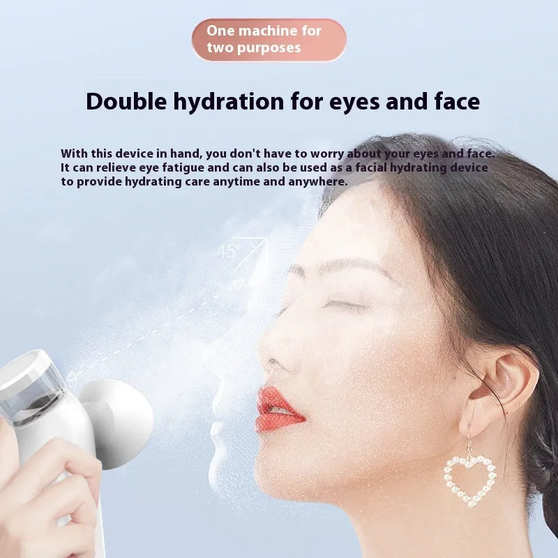 White rechargeable portable eye compress device with a fabric eye mask on a grey background.