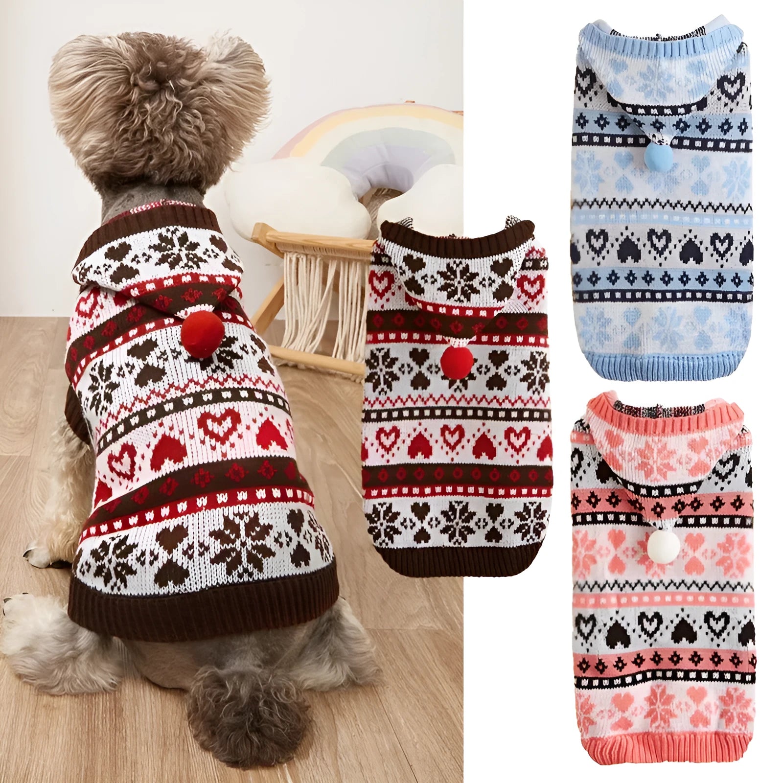 Blue knitted dog sweater with snowflake and camouflage patterns on a small white dog.