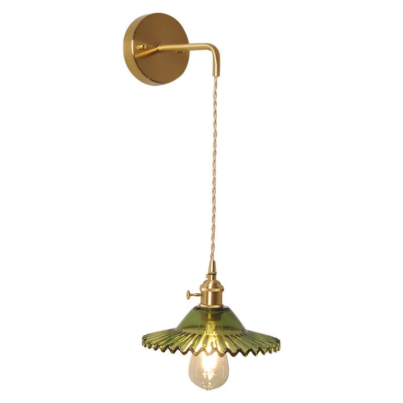 Copper retro wall lamp with a glass lotus shade in one of six colour options.