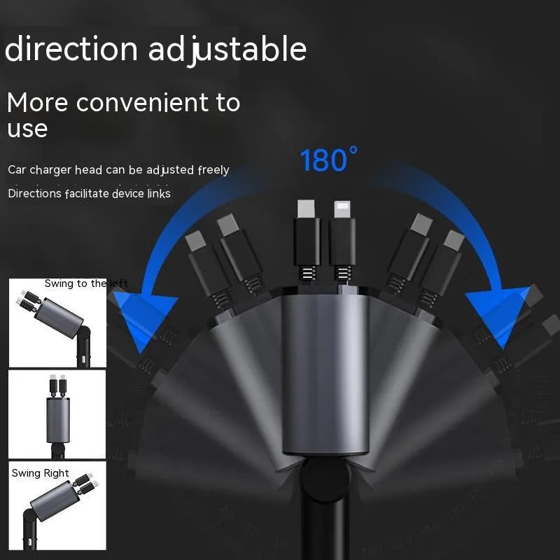 Metal car charger 100W with retractable cable and adjustable head on black background