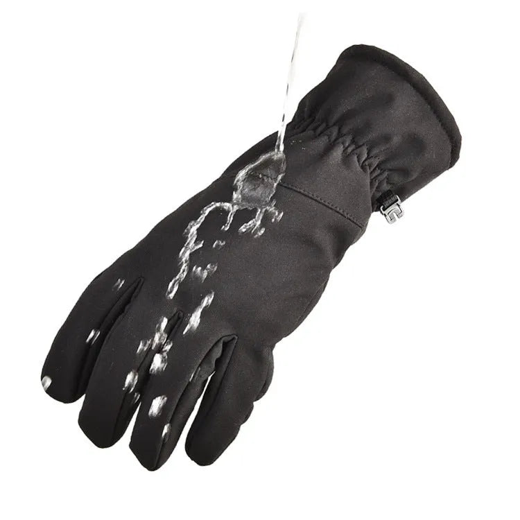 Army green tactical ski gloves with non-slip palm and touch screen fingertips on a winter background