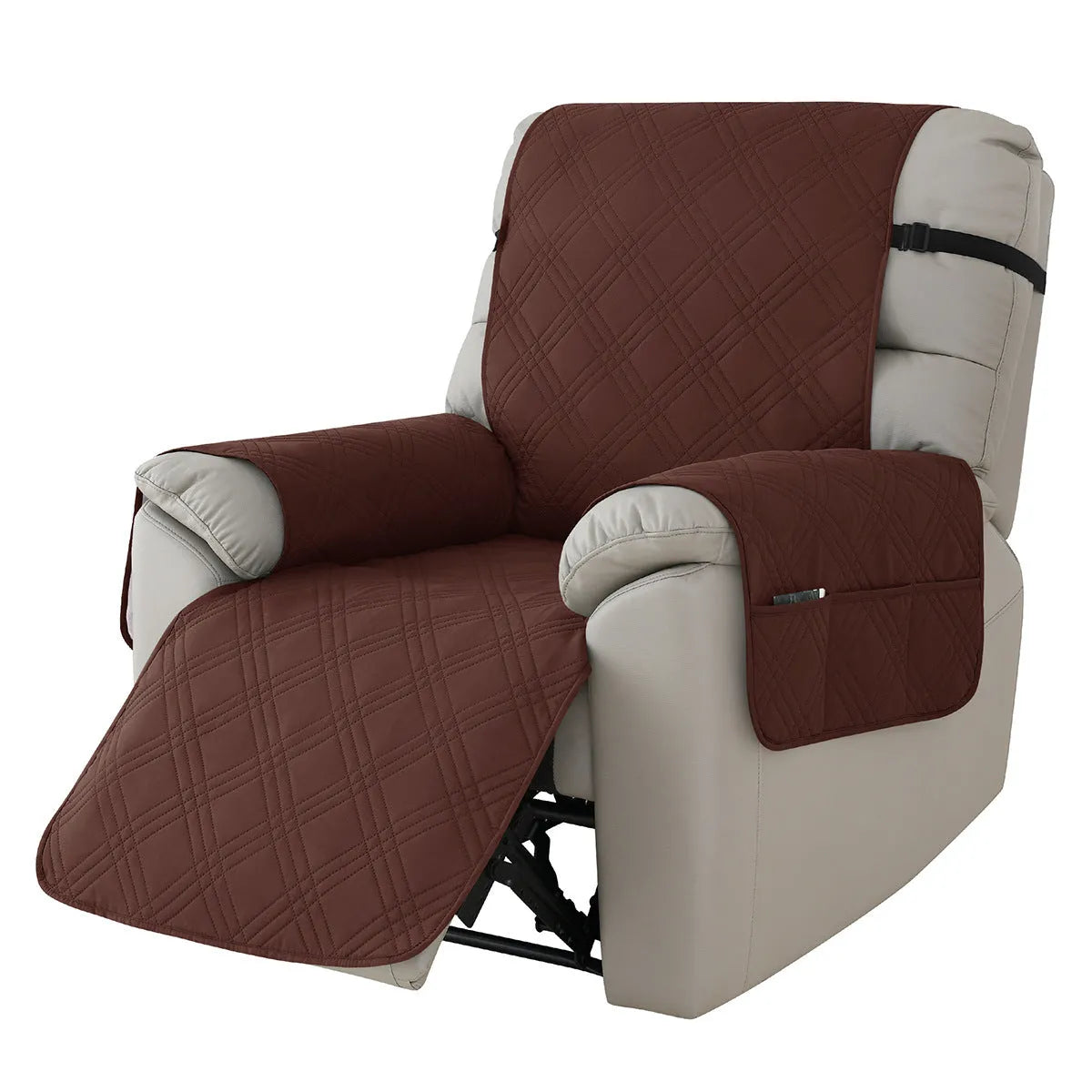 Quilted burgundy sofa cover for a Chivas massage chair cushion on a beige sofa.