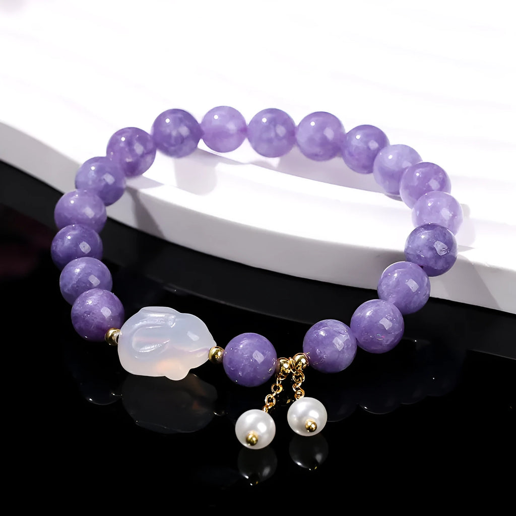 Purple aquamarine and agate geometric round bead bracelet with rabbit motif, handmade, sizes 6mm 8mm and 12x16mm