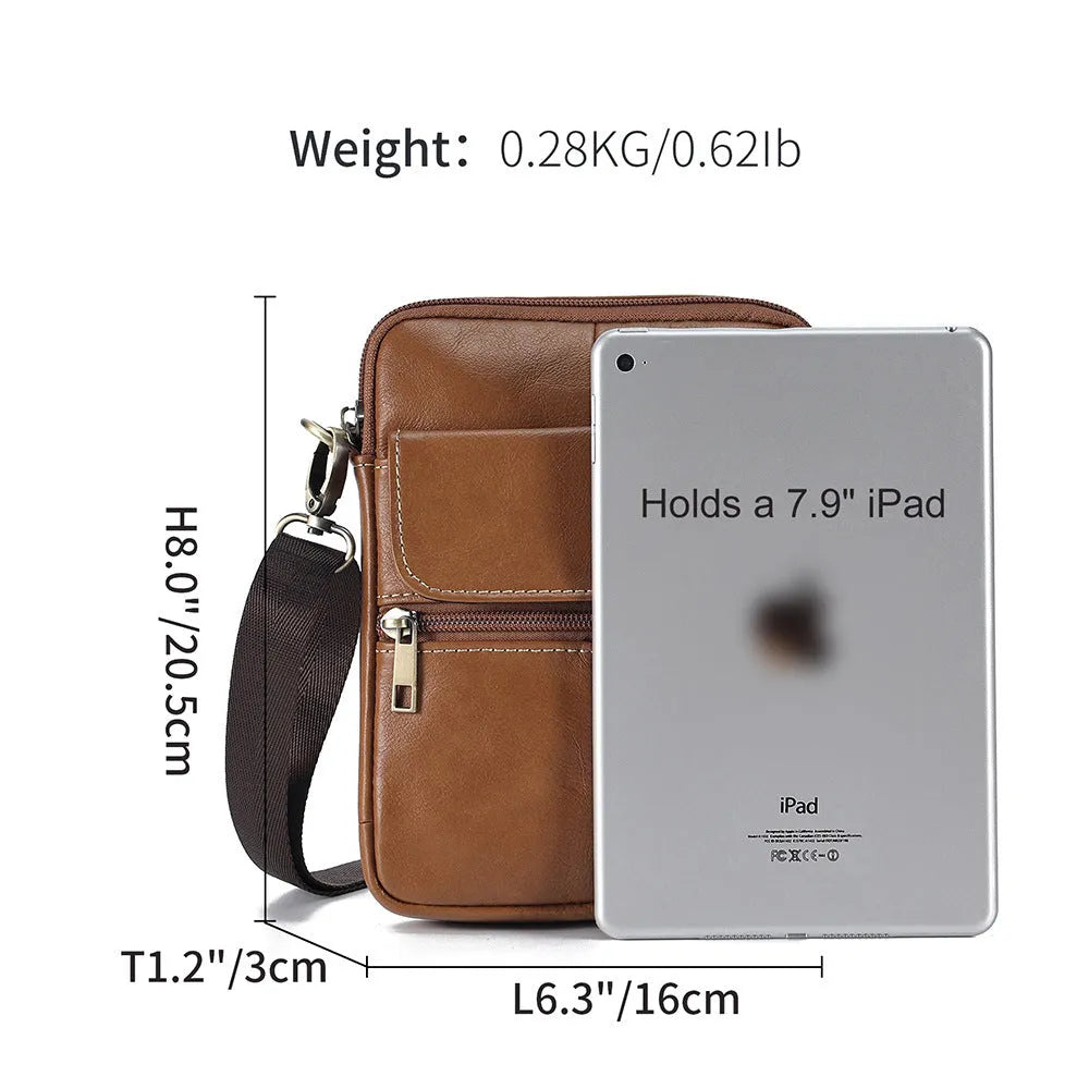 Men's brown genuine leather crossbody shoulder bag with sewing line details.