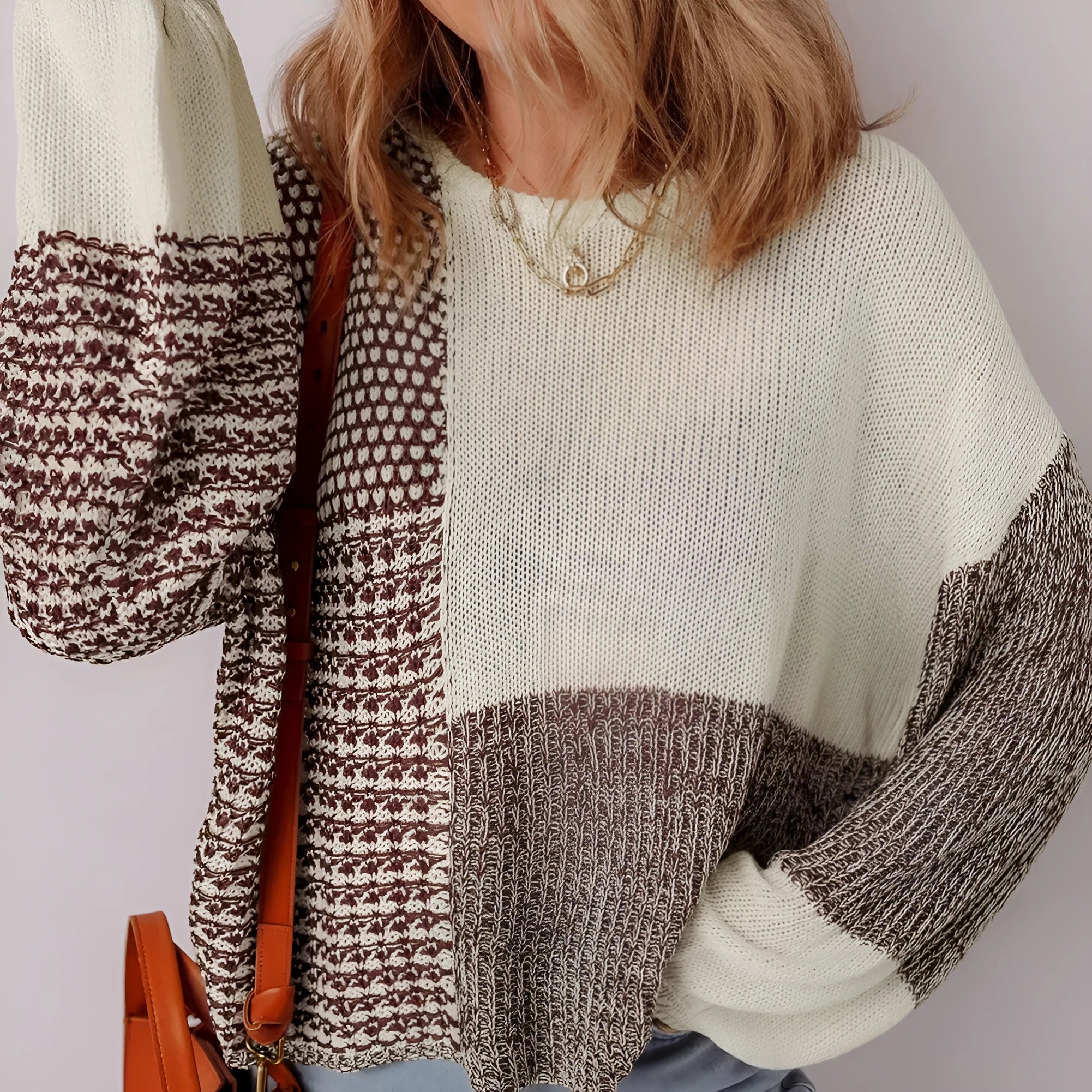 Dark khaki women's loose sweater with back tie closure and drop shoulders.