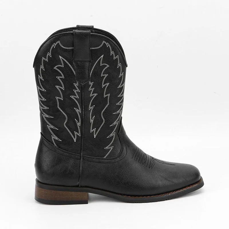Western denim square toe motorcycle men's boots with embroidery and wedge heel in black