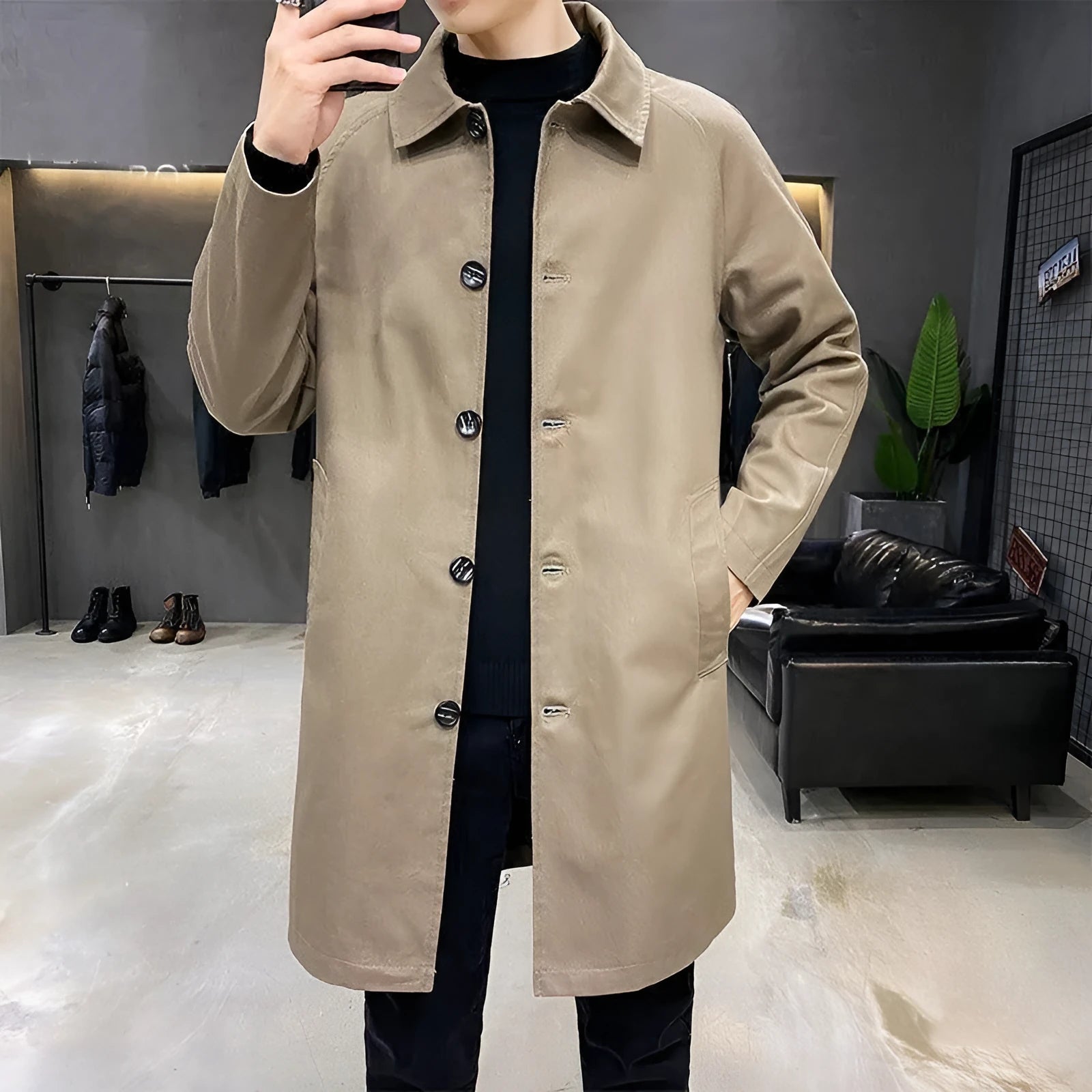 Men's mid-length loose rabbit fur trench coat in khaki, front view, showing relaxed fit
