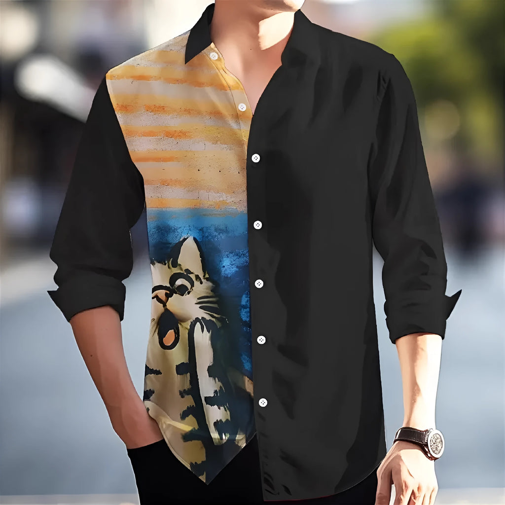 Hawaiian style men's long sleeve floral cardigan shirt in polyester with loose fit