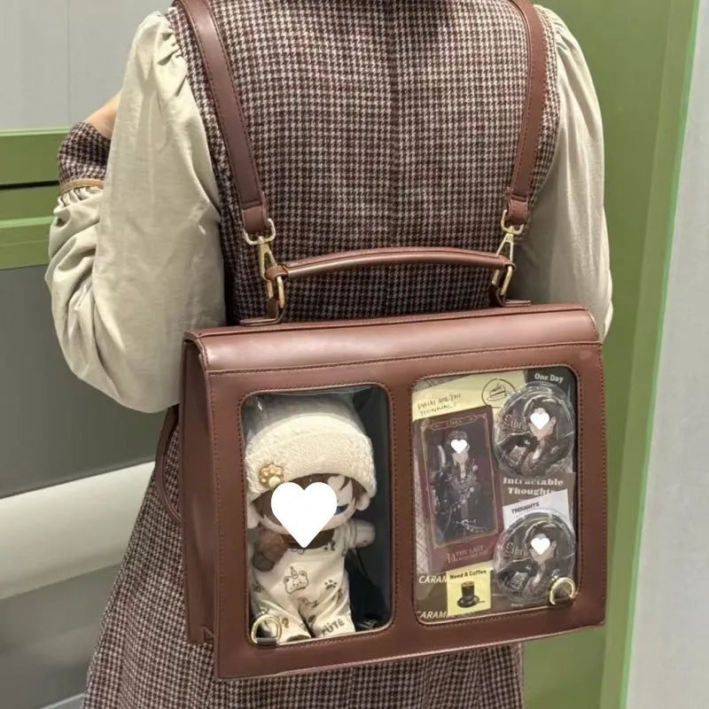 College style cotton doll cartoon backpack cross-body in brown tie plate colour, 34x27cm, polyester fibre material