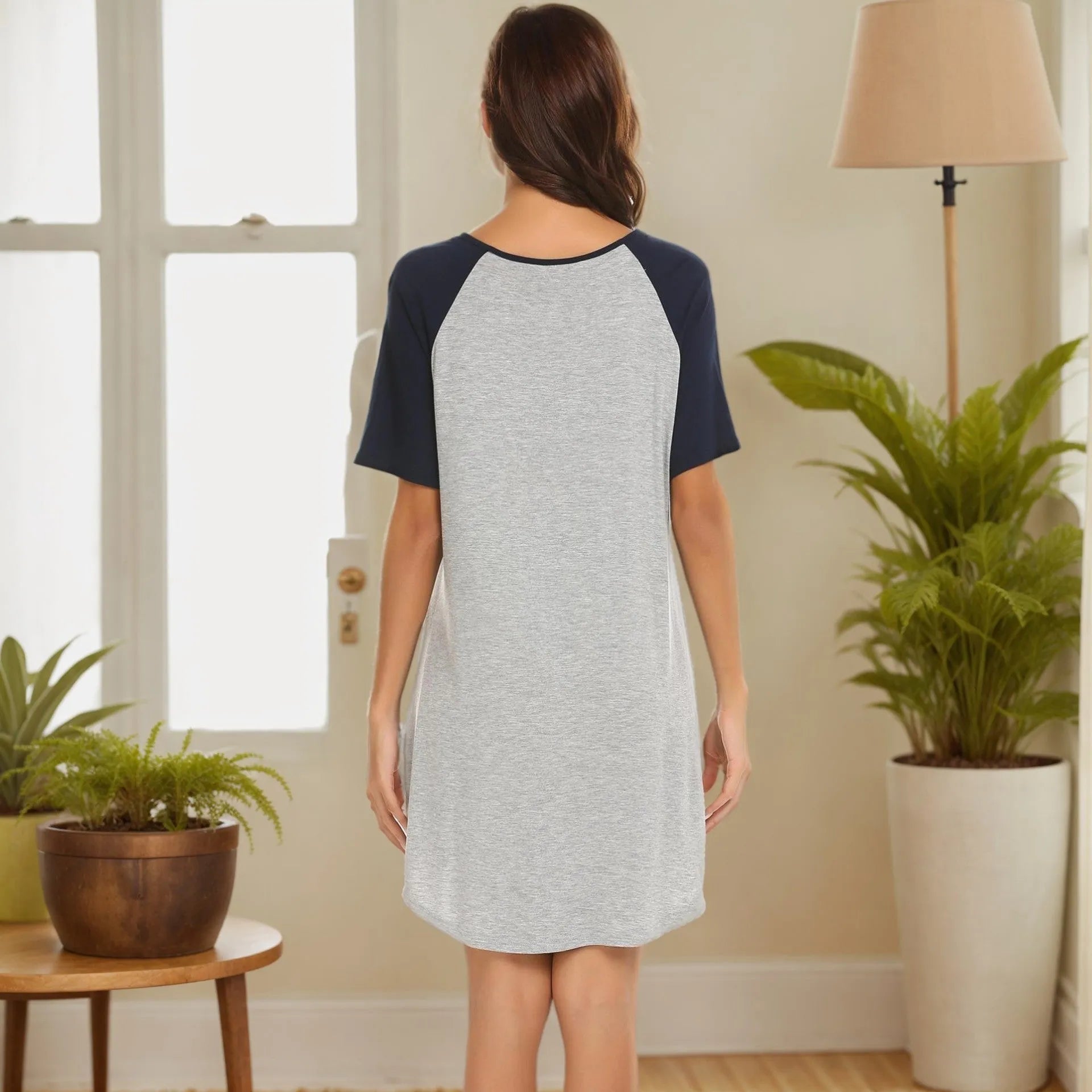 Women's navy blue and grey colour contrast patchwork nightdress with double brushed fabric.